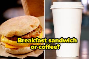 A breakfast sandwich and cup of coffee.