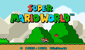 2D Mario running across the screen and jumping on Yoshi in the start screen of &quot;Super Mario World&quot;