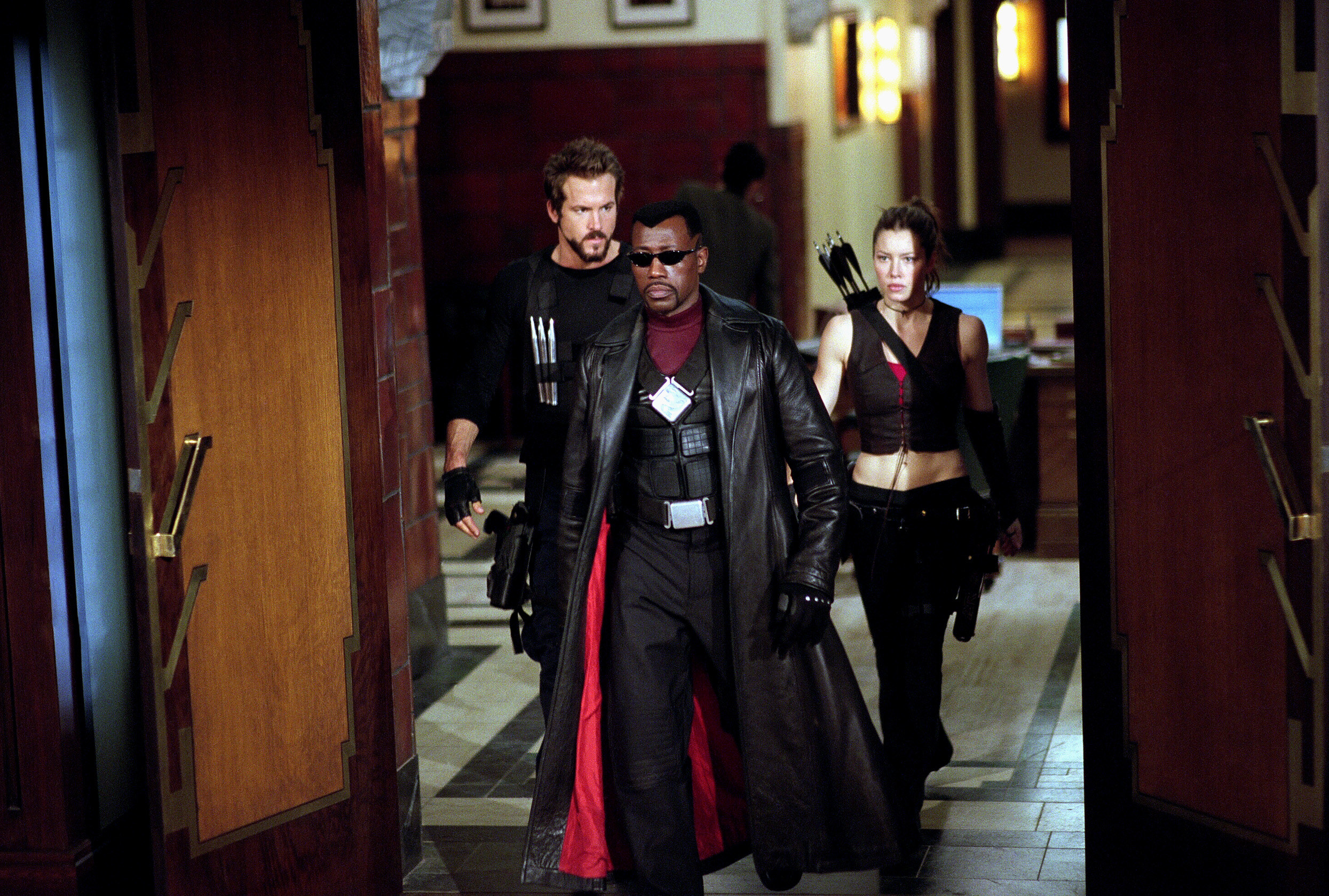 Ryan Reynolds, Wesley Snipes and Jessica Biel in “Blade: Trinity”