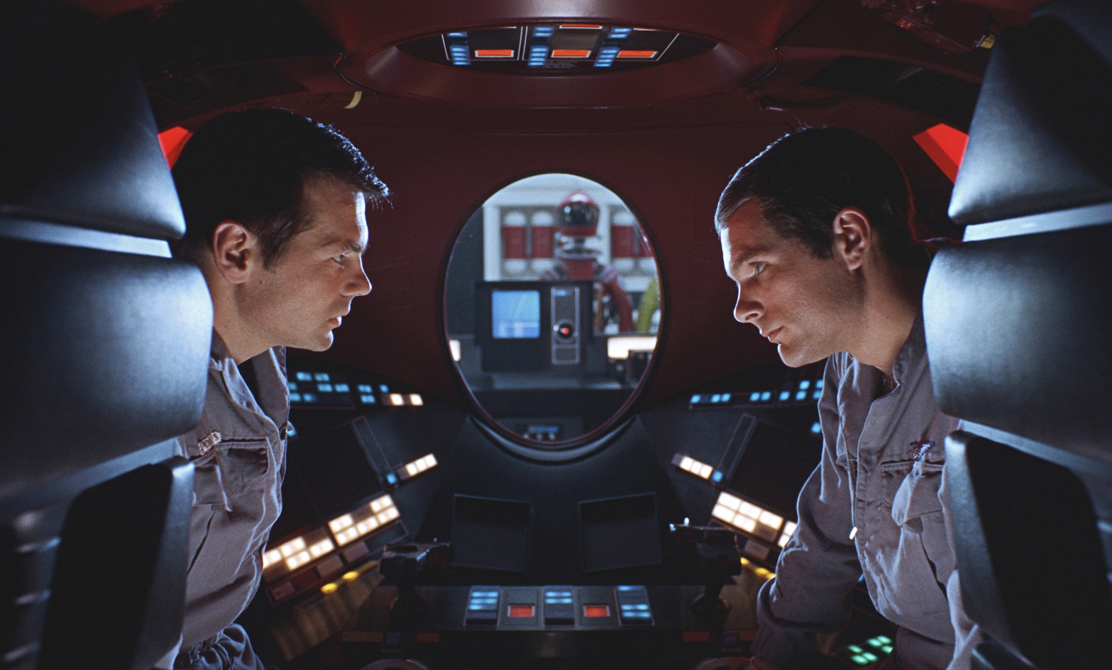 Gary Lockwood and Keir Dullea in a futuristic ship in &quot;A Space Odyssey&quot;