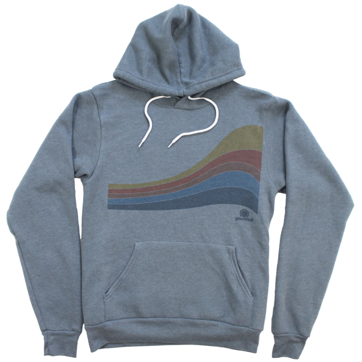 Heather blue hoodie with wave-shaped rainbow stripes on a white background