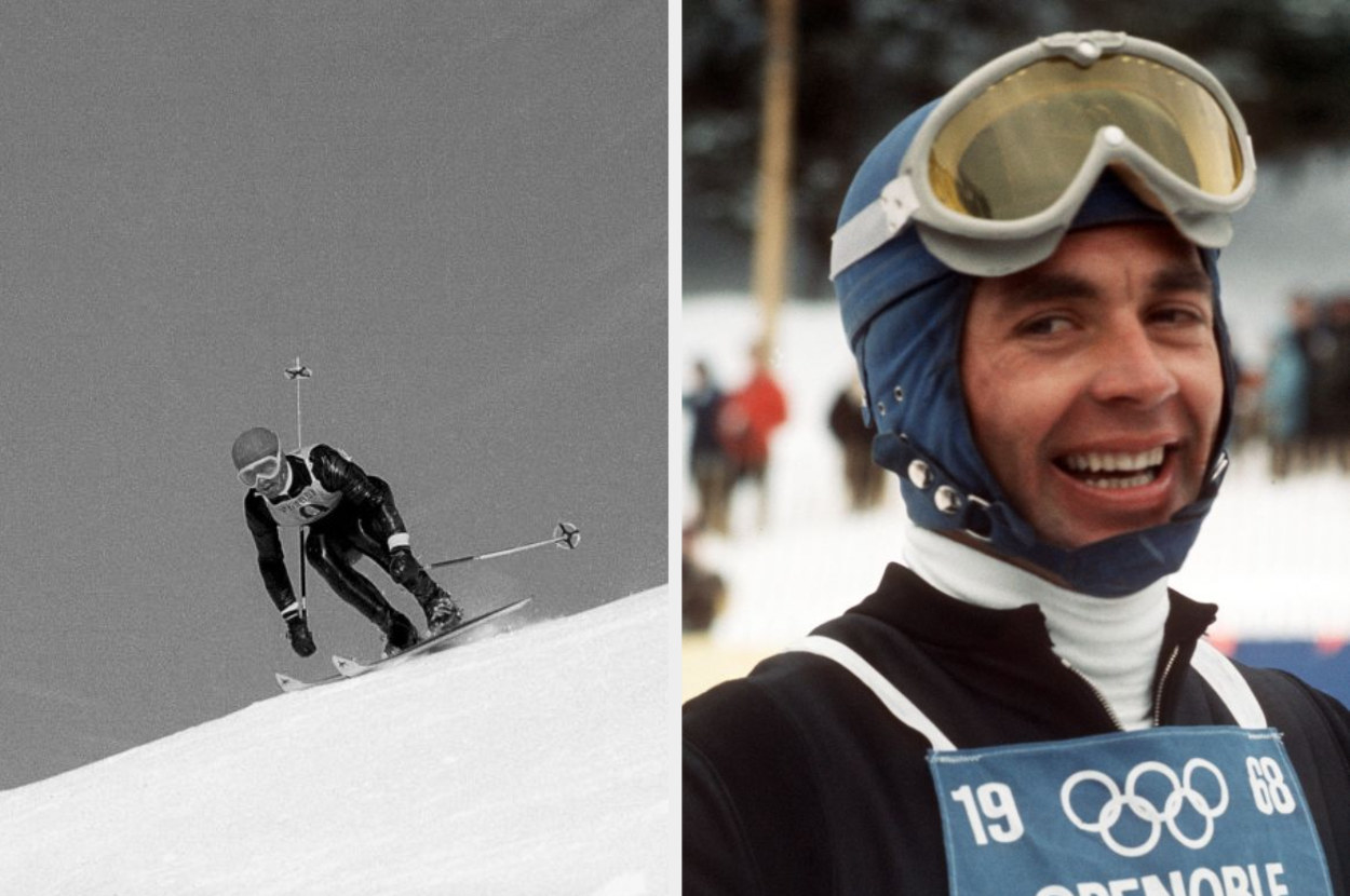 A man skiing and a male skier smiling