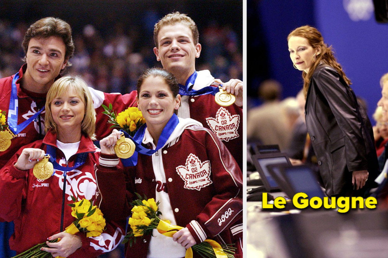 Four people with their gold medals and a woman judging