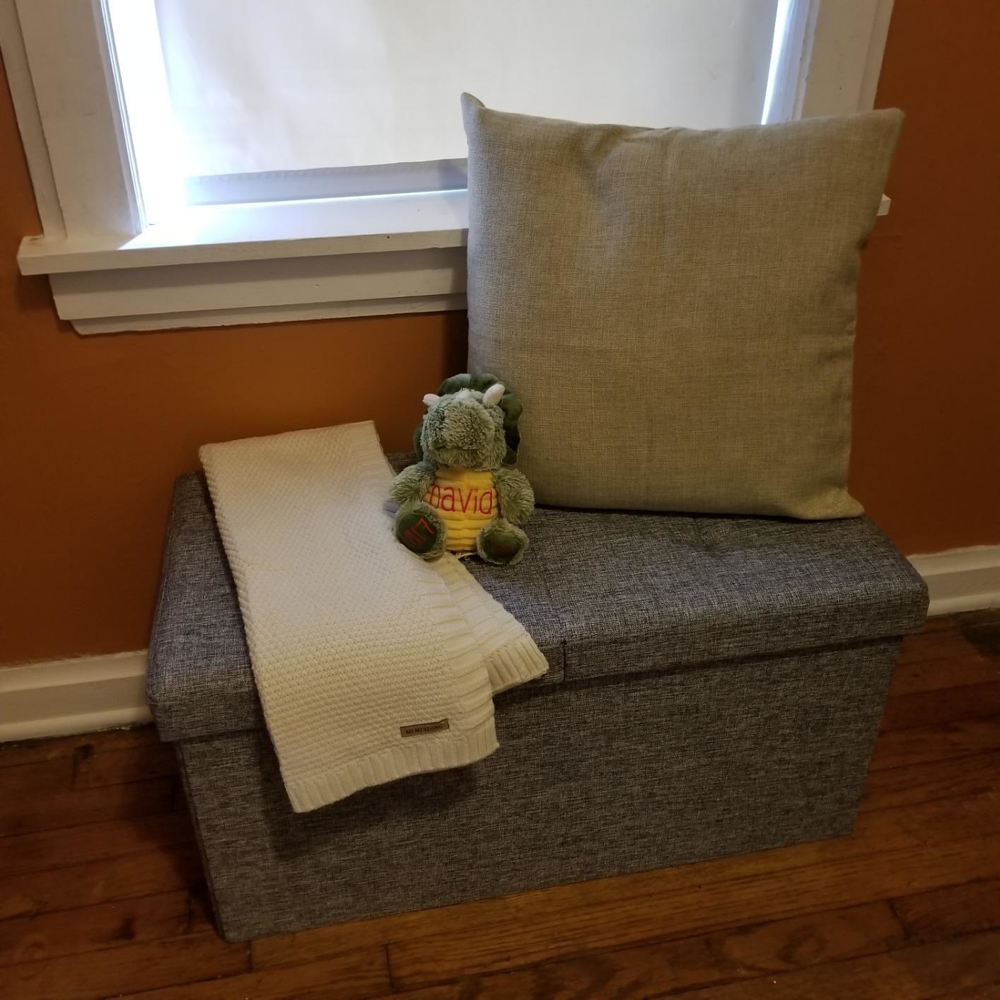 reviewer image of the light grey ottoman under a window