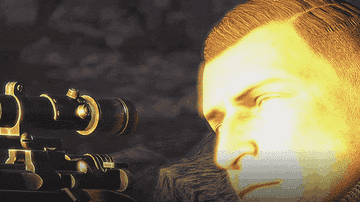 A slow-motion shot of a sniper elite hitting a nazi soldier in the head as we see x-ray detail of the damage done