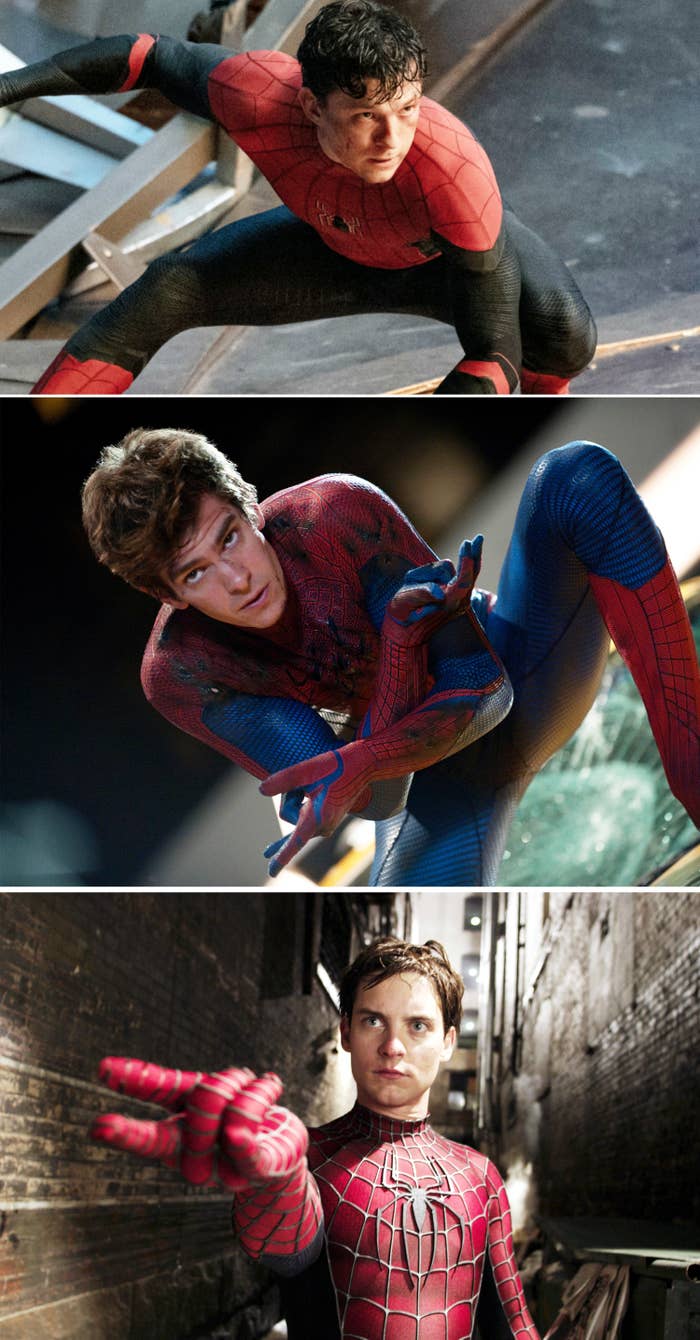 All three Spider-Men in scenes from their respective films