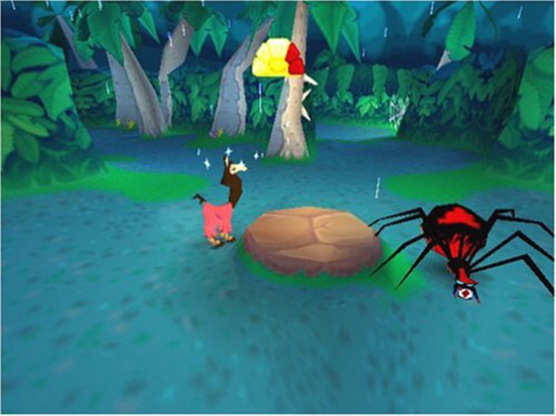 A still screenshot of an alpaca and spider in the game