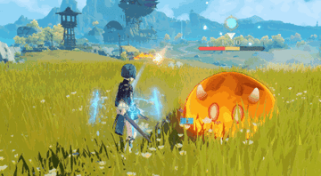 A character attacking a fire blob in a lush field in the game