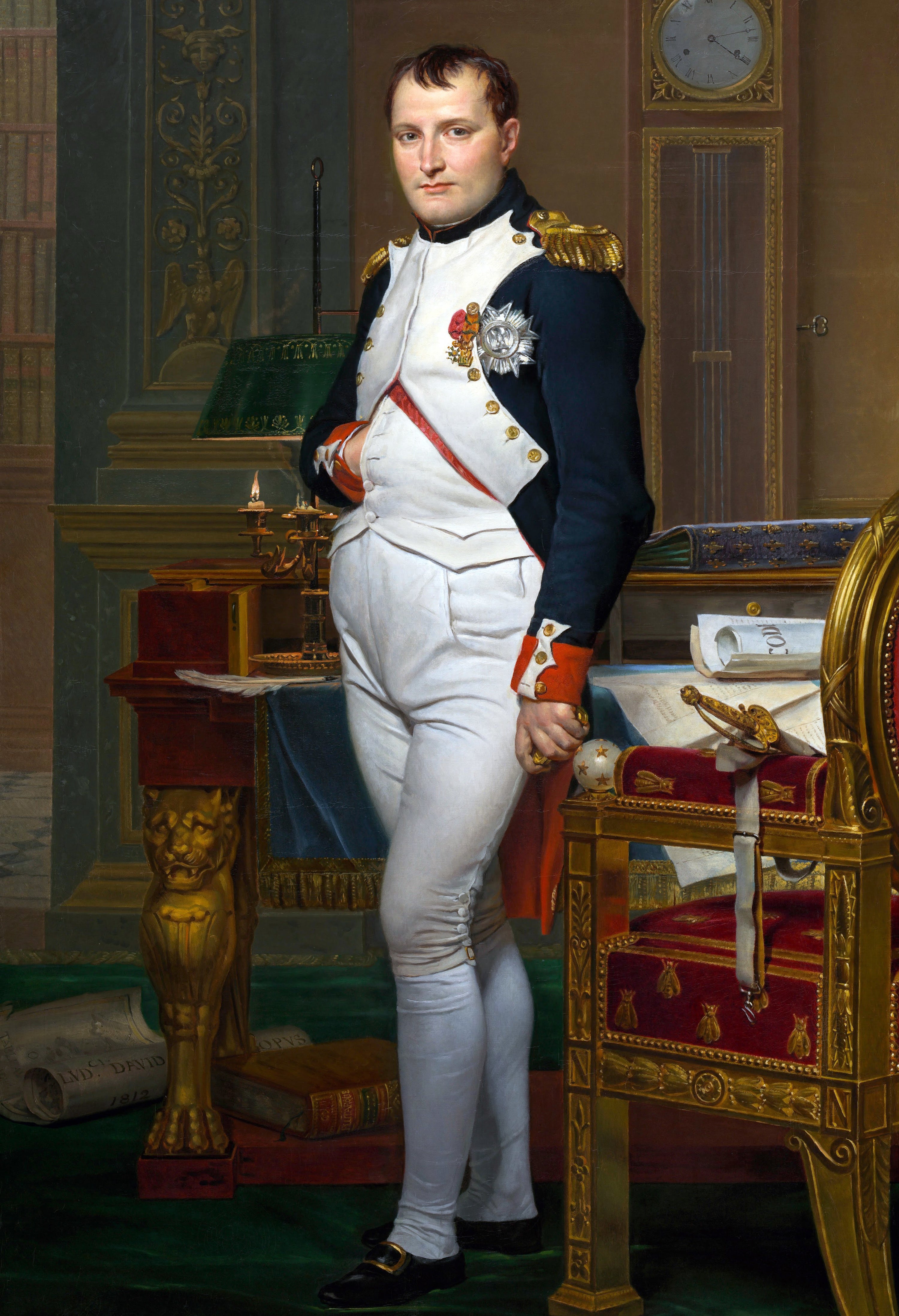 A painting of Napoleon in military regalia standing next to a chair in an ornately-decorated room