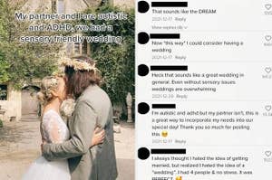 Left: Tiktok user monalogue wears a wedding dress as she is kissed by her partner Right: The comment section of monologue's video