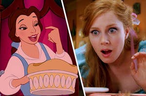 belle eating.a souffle on the left and giselle from enchanted on the right 