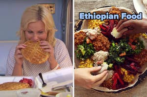 On the left, Leslie from Parks and Rec eating a waffle in a hospital bed, and on the right, some wat and injera labeled Ethiopian food