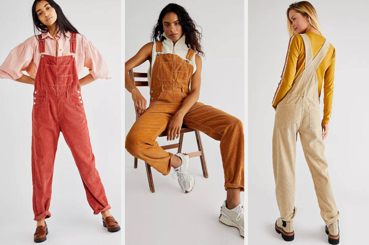 Three models wearing Free People overalls