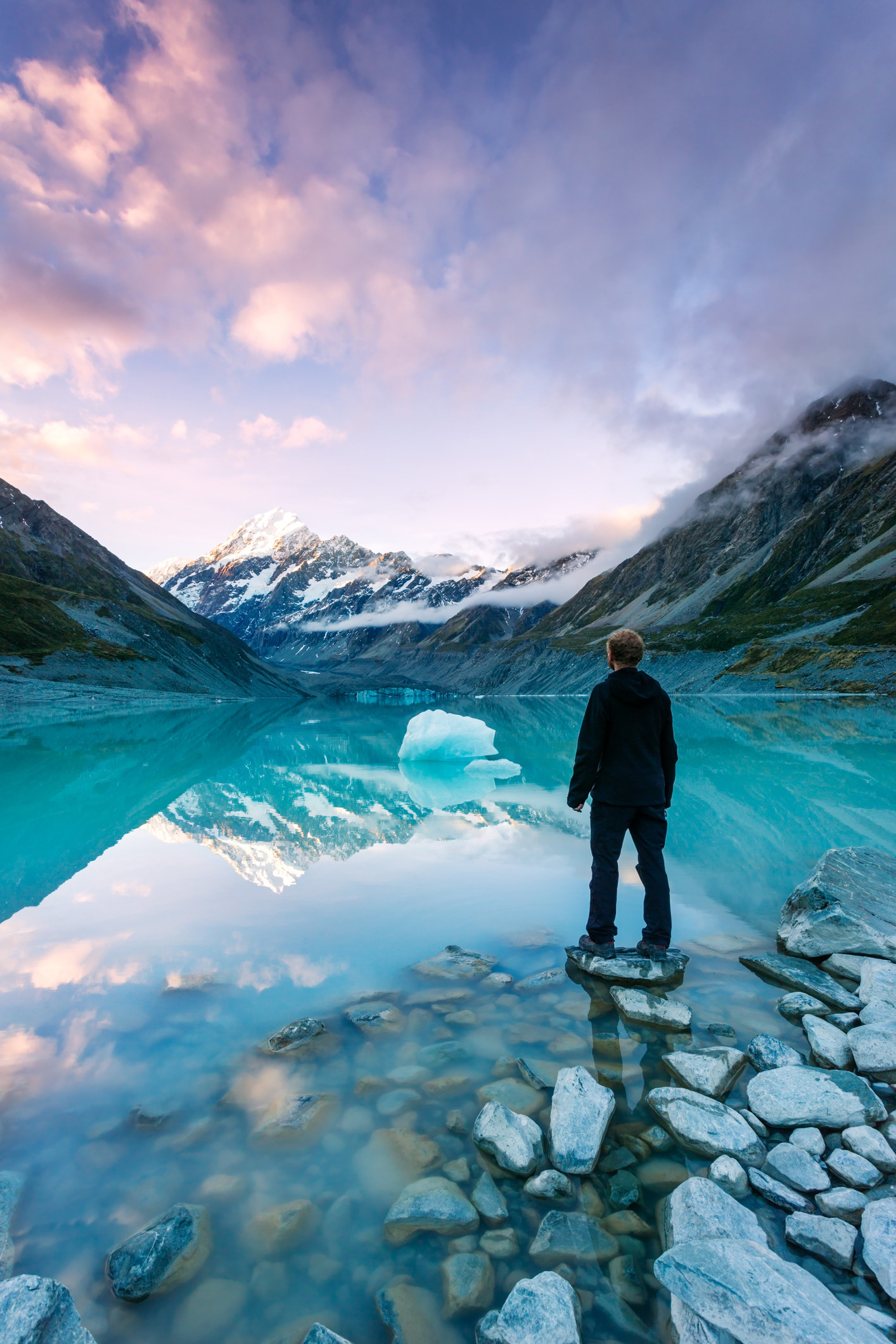 A traveler looking at a glacial lake