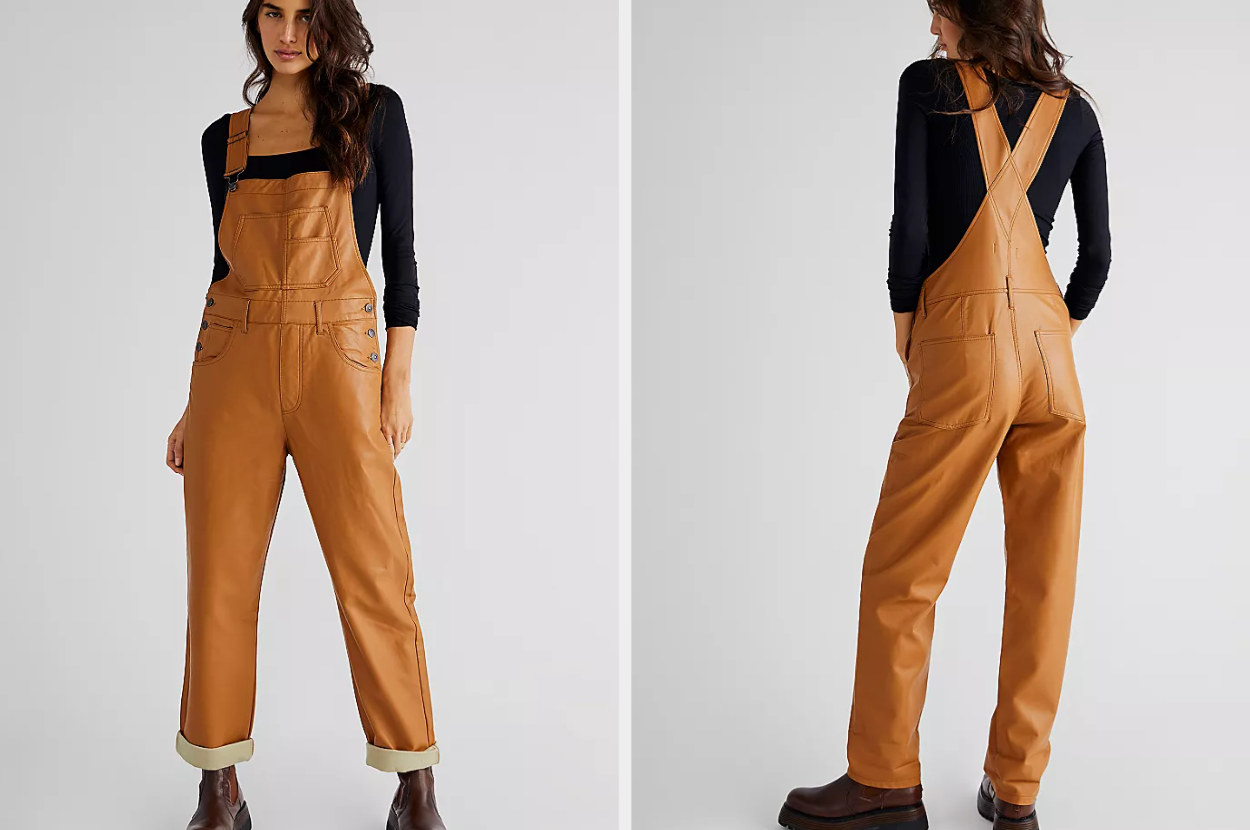 Model wearing vegan leather Free People overalls