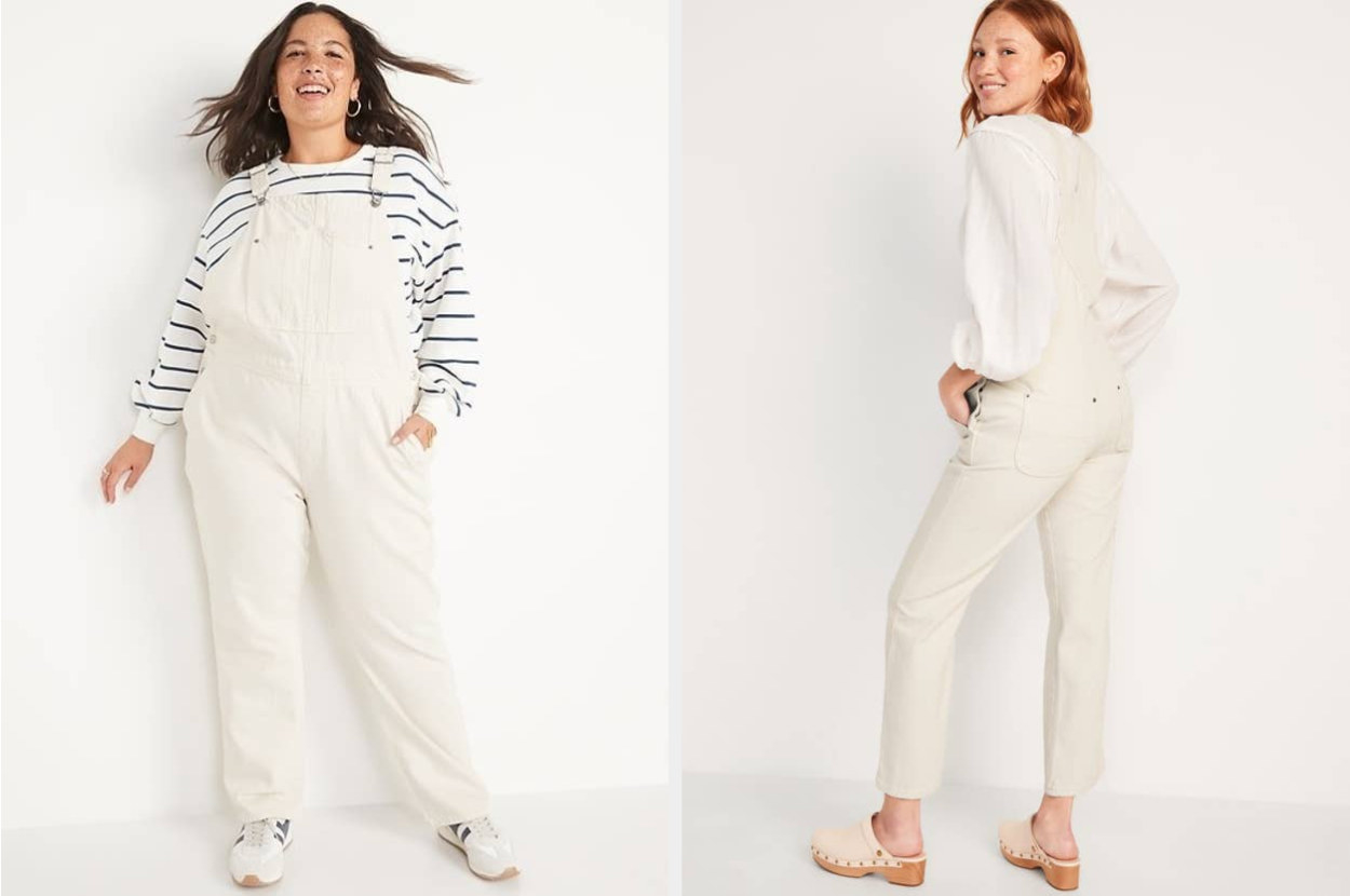 Two models wearing white Old Navy overalls
