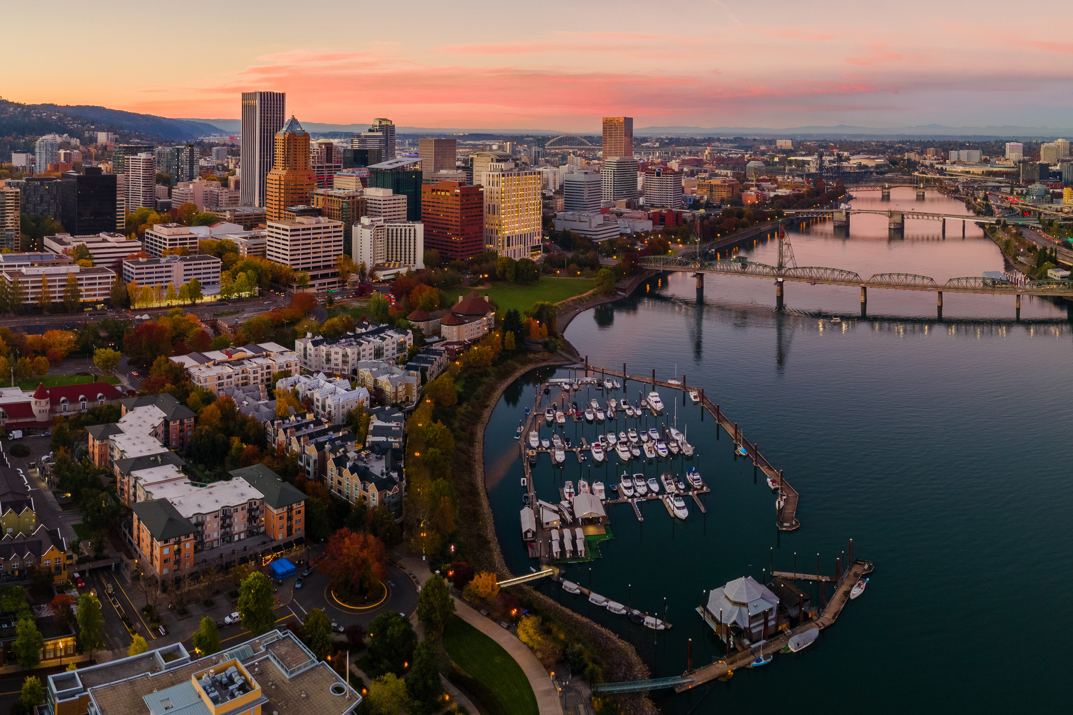 A beautiful fall sunset in Downtown Portland