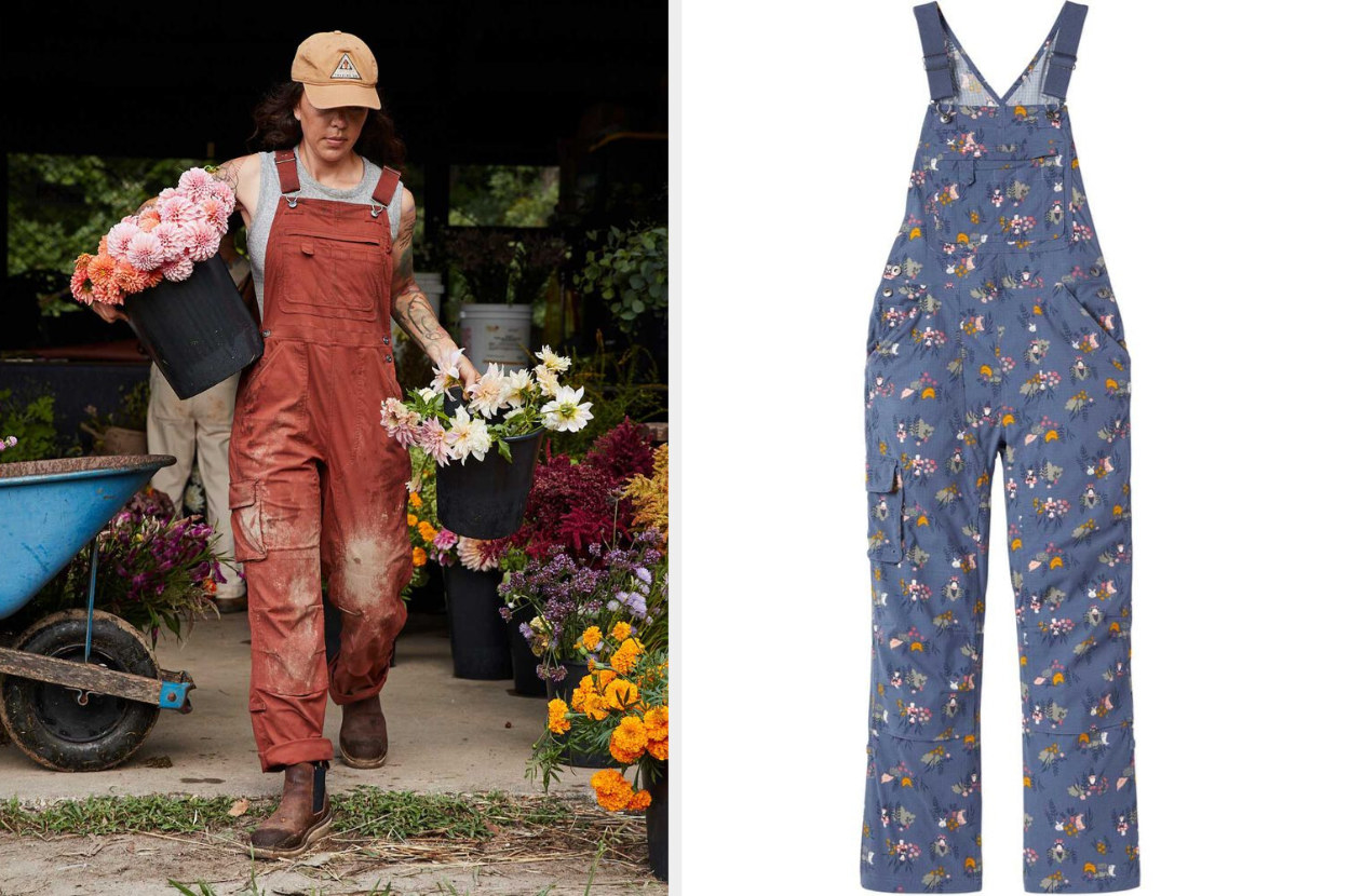 Image of model wearing &quot;henna&quot; overalls and an image of blue floral overalls