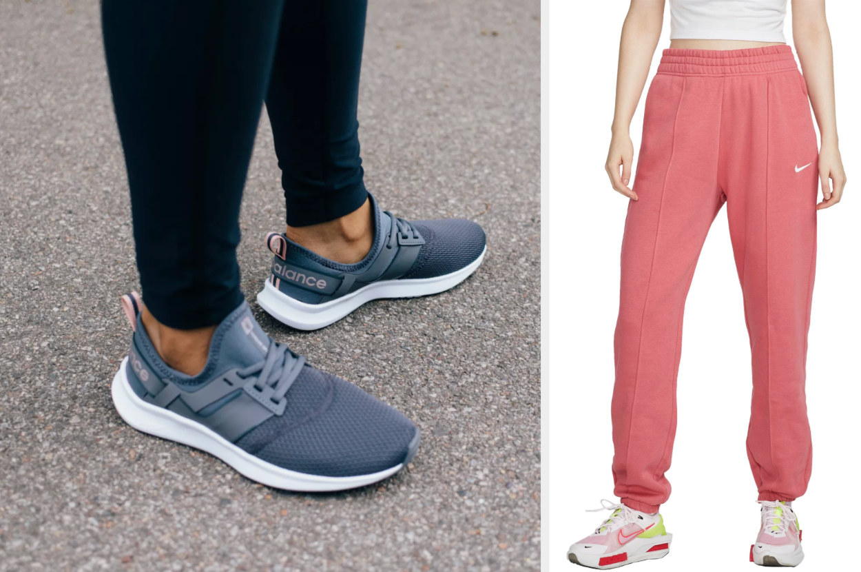 Model wearing navy blue running sneakers with blue leggings on pavement, model wearing coral sweatpants with white sneakers and white top