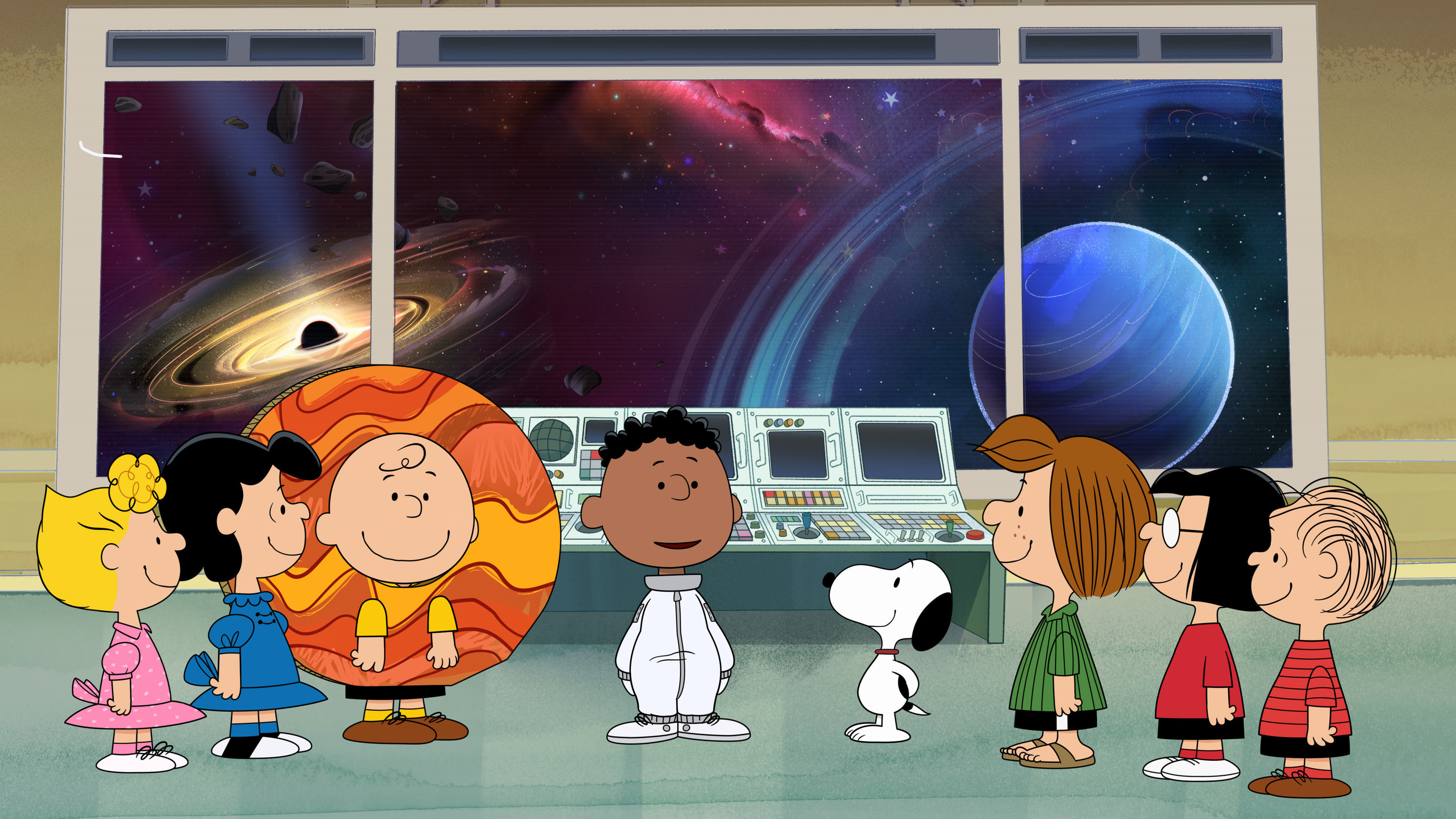 The Peanuts characters stand in a control room looking at planets