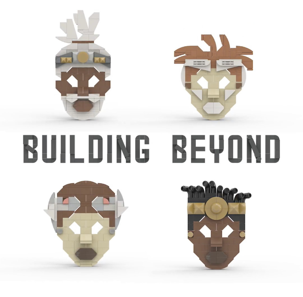 A promotional image of 4 Lego ancestral faces from Ekow&#x27;s workshop kits for Building Beyond