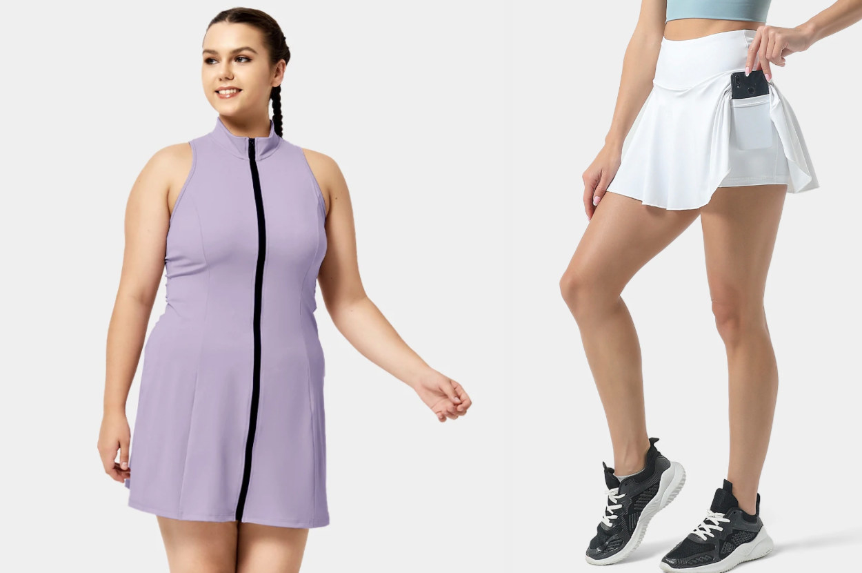 Model wearing purple tennis dress with contrasting stripe down center, model wearing white tennis skirt with pocket underneath