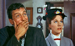 Dick Van Dyke snickering and Julie Andrews looking displeased in Mary Poppins