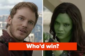 Peter Quill and Gamora face each other with a caption written, "Who'd win?"