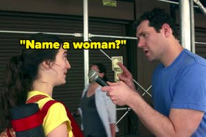 A woman and Billy Eichner with text, "Name a woman?"