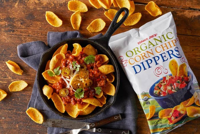 Bag of Organic Corn Chip Dippers next to a nacho style skillet