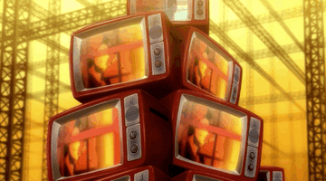 A gif of a stack of telvisions cutting to the fighters of P4AU