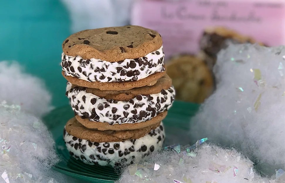 Three ice cream sandwiches stacked on top of each other