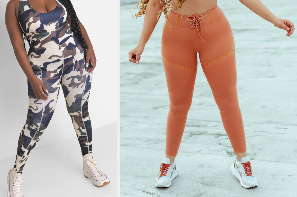 Model wearing camouflage halter athletic jumpsuit with tennis shoes, model wearing lace-up brown leggings with white sneakers
