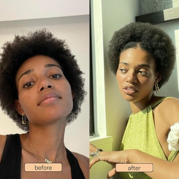 a before and after of someone who used the hair cream with the after photo leaving their hair moisturized