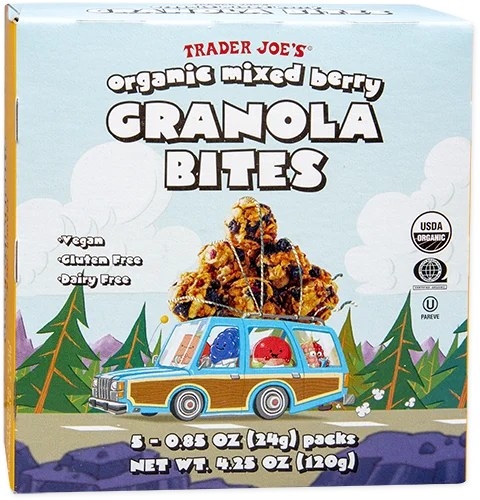 Box front of Organic Mixed Berry Granola Bites featuring a tiny cartoon car driving down a road with granola tied to the top