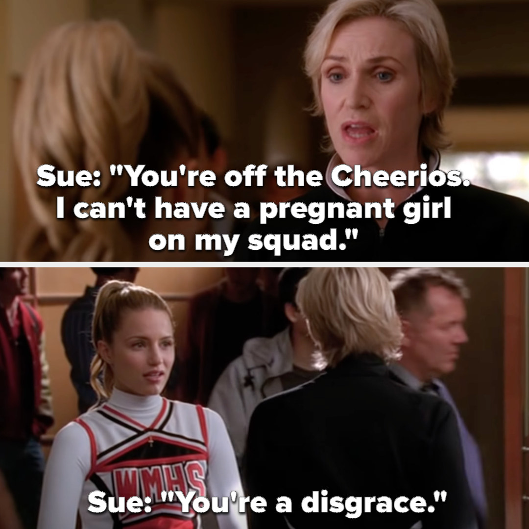 Sue kicks Quinn off the Cheerios for being pregnant and calls her a &quot;disgrace&quot;