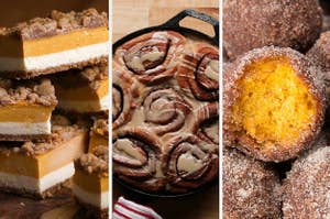 Pumpkin bars, pumpkin cinnamon rolls, and pumpkin donut holes