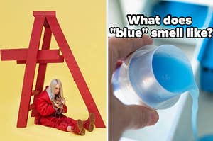 Billie Eilish is on the left by a ladder with detergent being poured on the right labeled, "What does blue smell like?"
