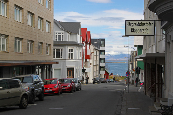 street scene of Reykjavik with the ocean in the background