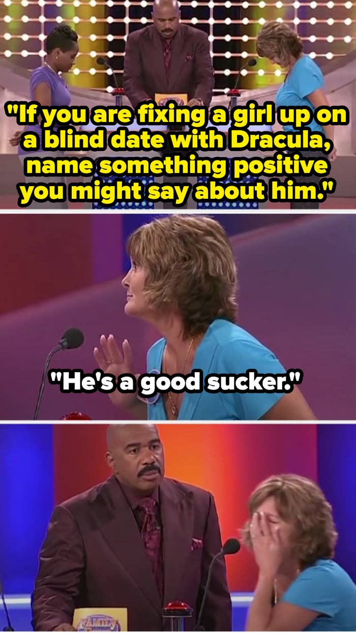 Steve Harvey asks, &quot;If you are fixing a girl up on a blind date with Dracula, name something positive you might say about him&quot; and a contestant says, &quot;He&#x27;s a good sucker,&quot; making Steve look genuinely disappointed