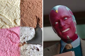 Four ice cream flavors are on the left with Vision tilting his head on the right