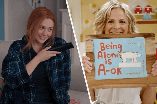 Wanda in WandaVision holding a TV remote and Amy Sedaris holding a sign saying "being alone is a-ok"