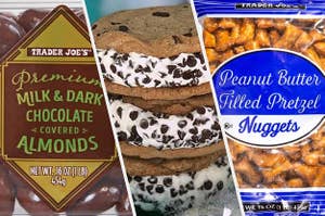 Three split images of Trader Joe's snacks featuring Milk & Dark Chocolate Covered Almonds, Ice Cream Cookie Sandwiches, and Peanut Butter Filled Pretzel Nuggets