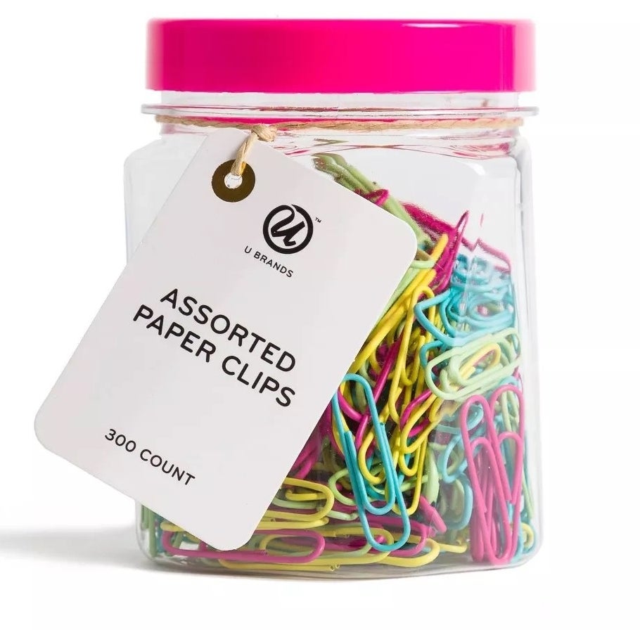 a jar of assorted paper clips