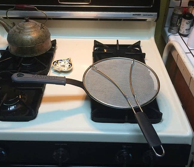 Reviewer image of the splatter guard on a pan on a stove