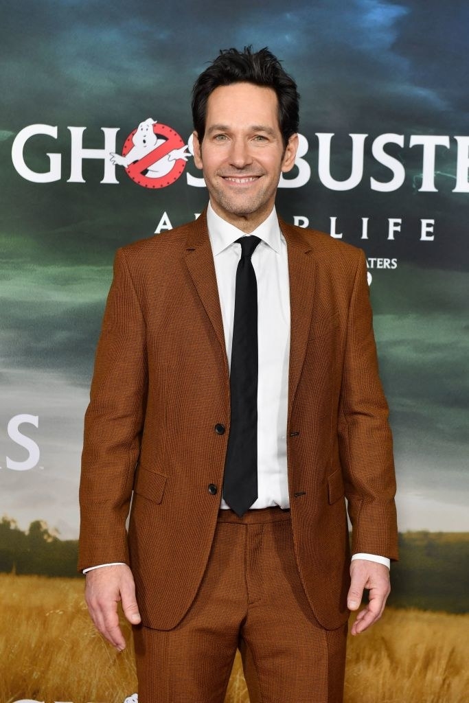 Paul is in a brown suit on the Ghostbusters red carpet