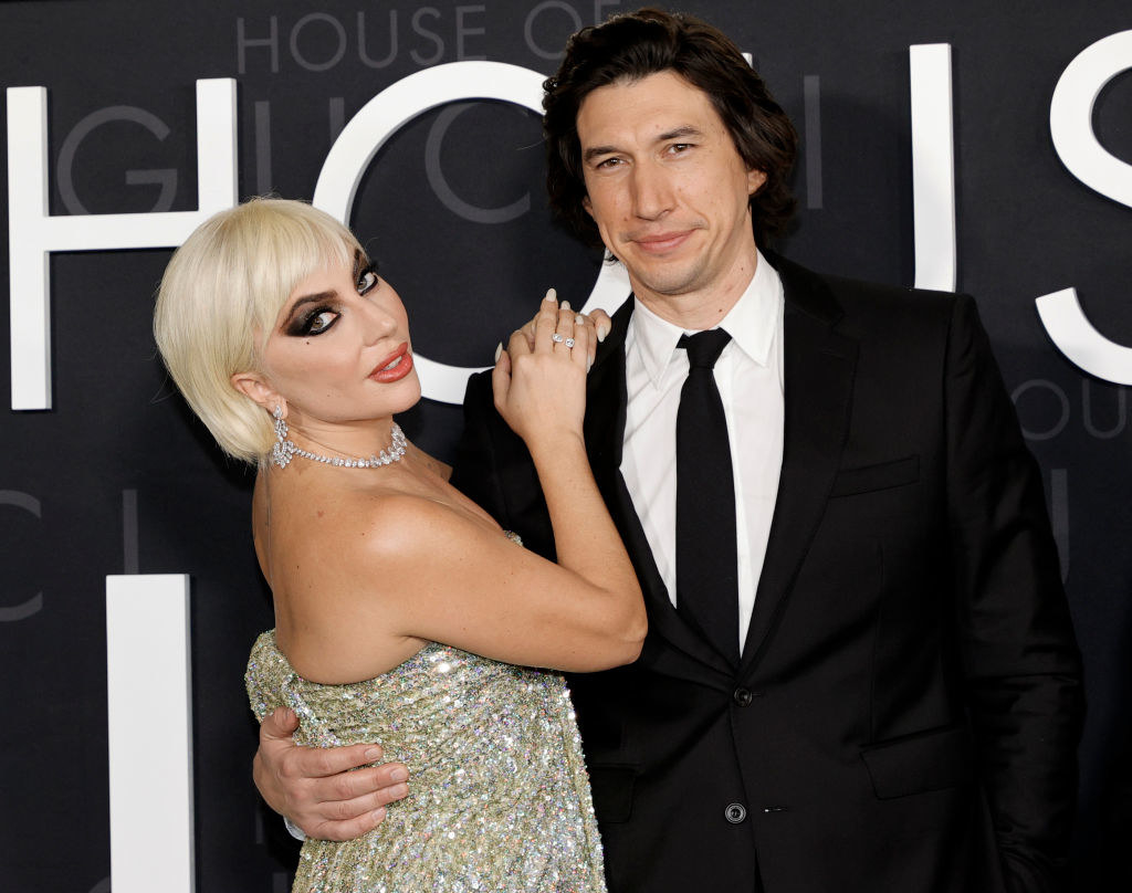 lady gaga is in a sparkly number at a house of gucci premiere with adam driver