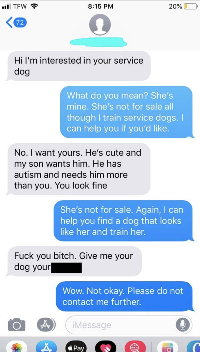 text screenshot of a woman demanding another woman&#x27;s service dog