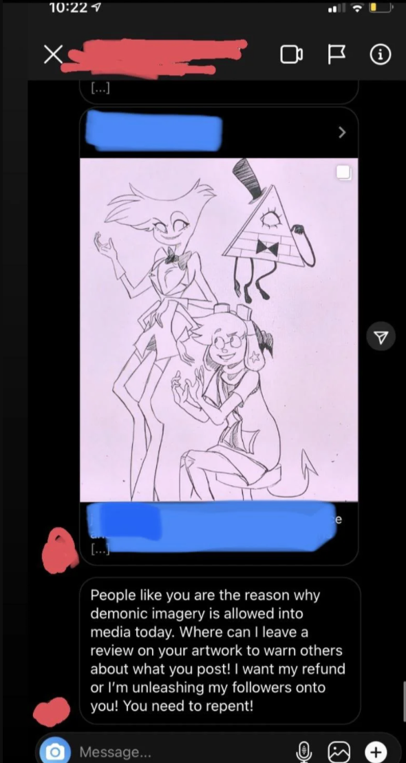 text screenshot of a protective mother berating an artist