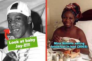 Jay-Z in the early 1990s; Nina Simone eating breakfast in bed in 2003